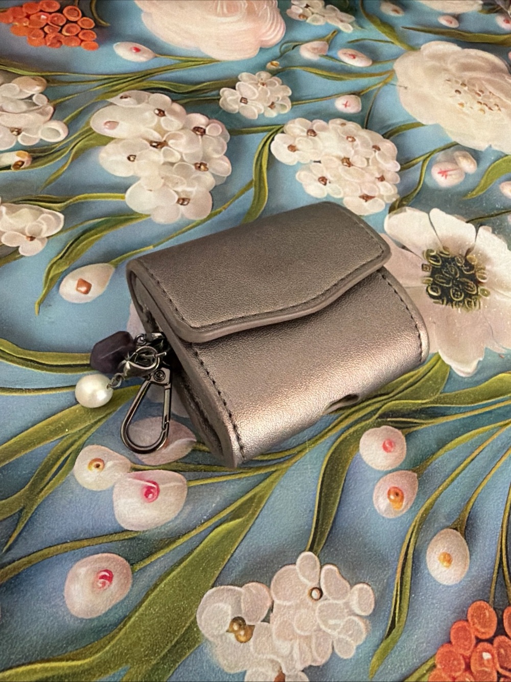 Metallic Gray Women’s Key Pouch with Charm